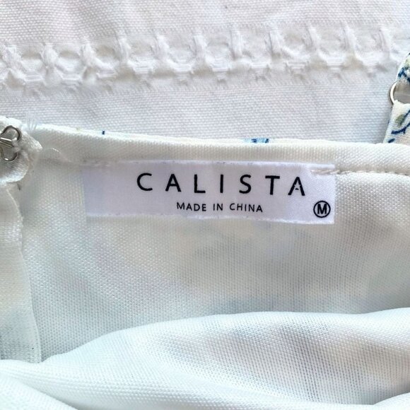 CALISTA WHITE BLUE FLORAL SLEEVELESS BACK SASH DRESS - M - Picture 6 of 9
